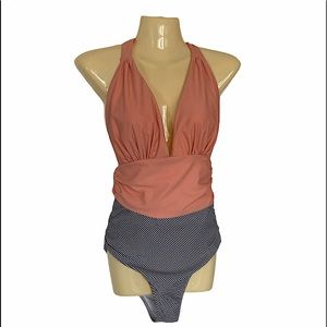 Cupshe Swimsuit One-Piece V-Cut Halter Tie Peach Top Black White Bottom Small